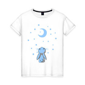 Женская футболка хлопок с принтом Зайчик в Екатеринбурге, 100% хлопок | прямой крой, круглый вырез горловины, длина до линии бедер, слегка спущенное плечо | белый зайка | животные | зайка | зайчик | зима | месяц | милый | снежок