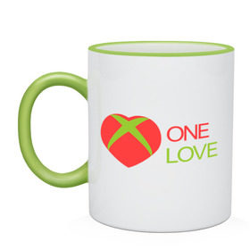 Кружка двухцветная с принтом xbox - one love в Екатеринбурге, керамика | объем — 330 мл, диаметр — 80 мм. Цветная ручка и кайма сверху, в некоторых цветах — вся внутренняя часть | one love | xbox | одна любовь