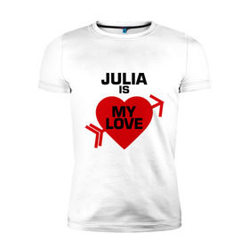 Мужская футболка премиум с принтом Юля - моя любовь в Екатеринбурге, 92% хлопок, 8% лайкра | приталенный силуэт, круглый вырез ворота, длина до линии бедра, короткий рукав | имена | любовь | моя | сердце | юлия | юлька | юля   моя любовь