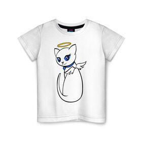 Детская футболка хлопок с принтом Кошечка ангел в Екатеринбурге, 100% хлопок | круглый вырез горловины, полуприлегающий силуэт, длина до линии бедер | крылья