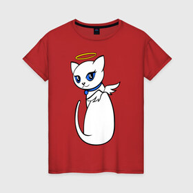 Женская футболка хлопок с принтом Кошечка ангел в Екатеринбурге, 100% хлопок | прямой крой, круглый вырез горловины, длина до линии бедер, слегка спущенное плечо | Тематика изображения на принте: крылья