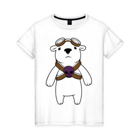 Женская футболка хлопок с принтом Белый мишка парашютист в Екатеринбурге, 100% хлопок | прямой крой, круглый вырез горловины, длина до линии бедер, слегка спущенное плечо | белый медведь | белый мишка парашютист | животные | кости | мишка | череп