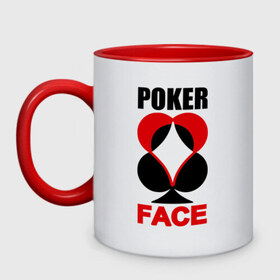 Кружка двухцветная с принтом Poker face в Екатеринбурге, керамика | объем — 330 мл, диаметр — 80 мм. Цветная ручка и кайма сверху, в некоторых цветах — вся внутренняя часть | poker face | игры | карты | покер