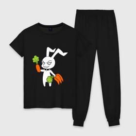 Женская пижама хлопок с принтом Злой зайчик в Екатеринбурге, 100% хлопок | брюки и футболка прямого кроя, без карманов, на брюках мягкая резинка на поясе и по низу штанин | животные | зайка | злой зайчик | кролик | морковка | прикольные картинки