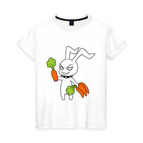 Женская футболка хлопок с принтом Злой зайчик в Екатеринбурге, 100% хлопок | прямой крой, круглый вырез горловины, длина до линии бедер, слегка спущенное плечо | животные | зайка | злой зайчик | кролик | морковка | прикольные картинки