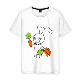 Мужская футболка хлопок с принтом Злой зайчик в Екатеринбурге, 100% хлопок | прямой крой, круглый вырез горловины, длина до линии бедер, слегка спущенное плечо. | животные | зайка | злой зайчик | кролик | морковка | прикольные картинки