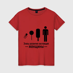Женская футболка хлопок с принтом Этапы развития женщины в Екатеринбурге, 100% хлопок | прямой крой, круглый вырез горловины, длина до линии бедер, слегка спущенное плечо | женщина | конфетка | леденец | мальчик | мороженое | настоящая женщина | парень | соска | этапы развития женщины