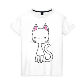 Женская футболка хлопок с принтом Белая кошечка в Екатеринбурге, 100% хлопок | прямой крой, круглый вырез горловины, длина до линии бедер, слегка спущенное плечо | белая кошечка | женские | котик | кошки | милая кошка | светящиеся рисунки