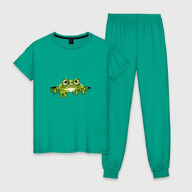 Женская пижама хлопок с принтом Жаба в Екатеринбурге, 100% хлопок | брюки и футболка прямого кроя, без карманов, на брюках мягкая резинка на поясе и по низу штанин | жаба | лягушка | няшка | позитив и смайлы | прикольные картинки