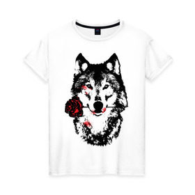Женская футболка хлопок с принтом Модный дизайн - Волк и Роза в Екатеринбурге, 100% хлопок | прямой крой, круглый вырез горловины, длина до линии бедер, слегка спущенное плечо | волки | модный дизайн   волк и роза | прикольные картинки | роза | цветы