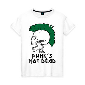 Женская футболка хлопок с принтом Punk’s Not Dead (Панки не умирают) в Екатеринбурге, 100% хлопок | прямой крой, круглый вырез горловины, длина до линии бедер, слегка спущенное плечо | punk’s not dead | rok | ирокез | кости | музыка | панки | панки не умирают | рок | череп