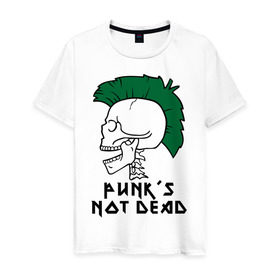 Мужская футболка хлопок с принтом Punk’s Not Dead (Панки не умирают) в Екатеринбурге, 100% хлопок | прямой крой, круглый вырез горловины, длина до линии бедер, слегка спущенное плечо. | punk’s not dead | rok | ирокез | кости | музыка | панки | панки не умирают | рок | череп