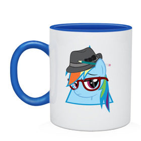 Кружка двухцветная с принтом Rainbow Dash hipster в Екатеринбурге, керамика | объем — 330 мл, диаметр — 80 мм. Цветная ручка и кайма сверху, в некоторых цветах — вся внутренняя часть | Тематика изображения на принте: hipster | my little pony | rainbow dash | swag | дружба   это чудо | мультфильм | пони | поняши | поняшки | радуга дэш | сваг | свэг