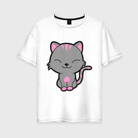 Женская футболка хлопок Oversize с принтом Довольный кот в Екатеринбурге, 100% хлопок | свободный крой, круглый ворот, спущенный рукав, длина до линии бедер
 | довольный кот | киска | кот | котёнок | котик | коты и кошки | коты мемы | кошки | мурка | серый кот