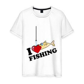 Мужская футболка хлопок с принтом I love fishing в Екатеринбурге, 100% хлопок | прямой крой, круглый вырез горловины, длина до линии бедер, слегка спущенное плечо. | 