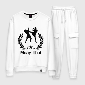 Женский костюм хлопок с принтом Muay Thai (Тайский бокс) в Екатеринбурге, 100% хлопок | на свитшоте круглая горловина, мягкая резинка по низу. Брюки заужены к низу, на них два вида карманов: два 