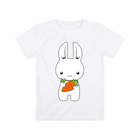 Детская футболка хлопок с принтом Зайчик с морковкой в Екатеринбурге, 100% хлопок | круглый вырез горловины, полуприлегающий силуэт, длина до линии бедер | Тематика изображения на принте: белый кролик | животные | зайчик | зайчик с морковкой | морковь