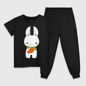 Детская пижама хлопок с принтом Зайчик с морковкой в Екатеринбурге, 100% хлопок |  брюки и футболка прямого кроя, без карманов, на брюках мягкая резинка на поясе и по низу штанин
 | Тематика изображения на принте: белый кролик | животные | зайчик | зайчик с морковкой | морковь