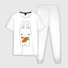 Мужская пижама хлопок с принтом Зайчик с морковкой в Екатеринбурге, 100% хлопок | брюки и футболка прямого кроя, без карманов, на брюках мягкая резинка на поясе и по низу штанин
 | белый кролик | животные | зайчик | зайчик с морковкой | морковь