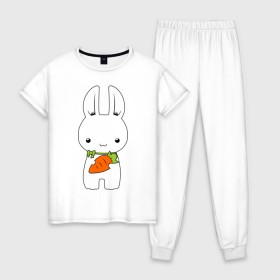 Женская пижама хлопок с принтом Зайчик с морковкой в Екатеринбурге, 100% хлопок | брюки и футболка прямого кроя, без карманов, на брюках мягкая резинка на поясе и по низу штанин | белый кролик | животные | зайчик | зайчик с морковкой | морковь