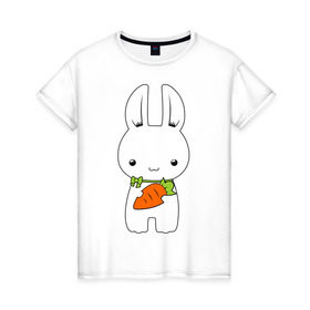 Женская футболка хлопок с принтом Зайчик с морковкой в Екатеринбурге, 100% хлопок | прямой крой, круглый вырез горловины, длина до линии бедер, слегка спущенное плечо | белый кролик | животные | зайчик | зайчик с морковкой | морковь