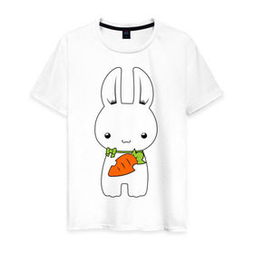 Мужская футболка хлопок с принтом Зайчик с морковкой в Екатеринбурге, 100% хлопок | прямой крой, круглый вырез горловины, длина до линии бедер, слегка спущенное плечо. | Тематика изображения на принте: белый кролик | животные | зайчик | зайчик с морковкой | морковь