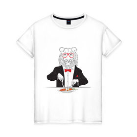 Женская футболка хлопок с принтом Лев вегетарианец в Екатеринбурге, 100% хлопок | прямой крой, круглый вырез горловины, длина до линии бедер, слегка спущенное плечо | Тематика изображения на принте: еда | животные | лев | лев вегетарианец | очки | прикольные картинки | хипстер