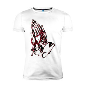 Мужская футболка премиум с принтом Тату  Молись  - модный дизайн в Екатеринбурге, 92% хлопок, 8% лайкра | приталенный силуэт, круглый вырез ворота, длина до линии бедра, короткий рукав | 