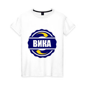 Женская футболка хлопок с принтом Эмблема - Вика в Екатеринбурге, 100% хлопок | прямой крой, круглый вырез горловины, длина до линии бедер, слегка спущенное плечо | вика | виктория | викуся | имена | эмблема