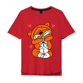 Мужская футболка хлопок Oversize с принтом Мишка с зайкой в Екатеринбурге, 100% хлопок | свободный крой, круглый ворот, “спинка” длиннее передней части | Тематика изображения на принте: зайкой | заяц | кролик | любовь | медведь | мишка