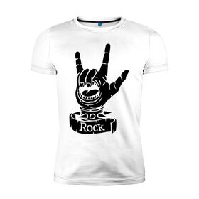 Мужская футболка премиум с принтом Рок жест в Екатеринбурге, 92% хлопок, 8% лайкра | приталенный силуэт, круглый вырез ворота, длина до линии бедра, короткий рукав | жест | зубы | метал | музыка | рок жест | рука | язык