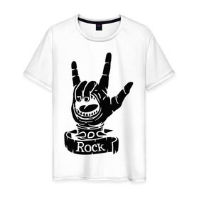 Мужская футболка хлопок с принтом Рок жест в Екатеринбурге, 100% хлопок | прямой крой, круглый вырез горловины, длина до линии бедер, слегка спущенное плечо. | Тематика изображения на принте: жест | зубы | метал | музыка | рок жест | рука | язык