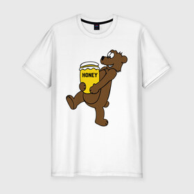 Мужская футболка премиум с принтом Медведь с медом в Екатеринбурге, 92% хлопок, 8% лайкра | приталенный силуэт, круглый вырез ворота, длина до линии бедра, короткий рукав | животные | медведь с медом медведь мед | сладкое
