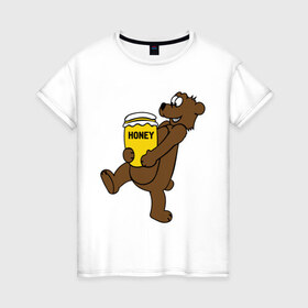 Женская футболка хлопок с принтом Медведь с медом в Екатеринбурге, 100% хлопок | прямой крой, круглый вырез горловины, длина до линии бедер, слегка спущенное плечо | животные | медведь с медом медведь мед | сладкое