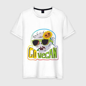 Мужская футболка хлопок с принтом Go vegan (zombie) в Екатеринбурге, 100% хлопок | прямой крой, круглый вырез горловины, длина до линии бедер, слегка спущенное плечо. | plants vs zombie | веган