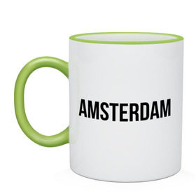 Кружка двухцветная с принтом Amsterdam в Екатеринбурге, керамика | объем — 330 мл, диаметр — 80 мм. Цветная ручка и кайма сверху, в некоторых цветах — вся внутренняя часть | amsterdam | амстердам | голландия | туристические