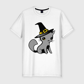 Мужская футболка премиум с принтом Кошка в шляпе в Екатеринбурге, 92% хлопок, 8% лайкра | приталенный силуэт, круглый вырез ворота, длина до линии бедра, короткий рукав | ведьма | киска | кошка в шляпе | кошки | мурка | прикольные картинки