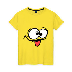 Женская футболка хлопок с принтом Балдежный смайлик в Екатеринбурге, 100% хлопок | прямой крой, круглый вырез горловины, длина до линии бедер, слегка спущенное плечо | smile | прикольная мордочка | рожа | рожица | смайл | смайлик | язык