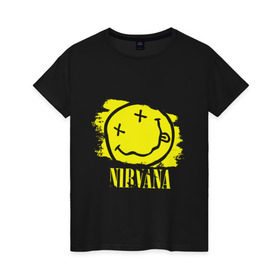 Женская футболка хлопок с принтом смайл NIRVANA в Екатеринбурге, 100% хлопок | прямой крой, круглый вырез горловины, длина до линии бедер, слегка спущенное плечо | kurt cobain | nirvana | rock | курт кобейн | нирвана | рожица | рок | смайл | смайлик | улыбка
