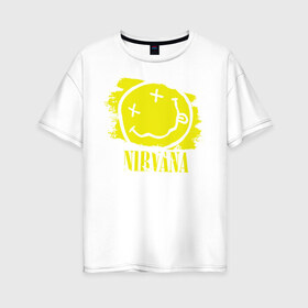 Женская футболка хлопок Oversize с принтом смайл NIRVANA в Екатеринбурге, 100% хлопок | свободный крой, круглый ворот, спущенный рукав, длина до линии бедер
 | kurt cobain | nirvana | rock | курт кобейн | нирвана | рожица | рок | смайл | смайлик | улыбка