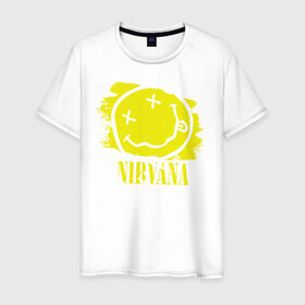 Мужская футболка хлопок с принтом смайл NIRVANA в Екатеринбурге, 100% хлопок | прямой крой, круглый вырез горловины, длина до линии бедер, слегка спущенное плечо. | kurt cobain | nirvana | rock | курт кобейн | нирвана | рожица | рок | смайл | смайлик | улыбка