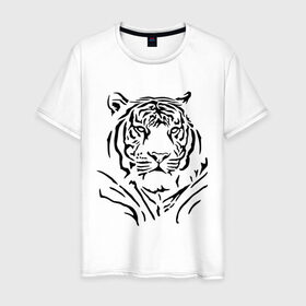 Мужская футболка хлопок с принтом Величественный тигр в Екатеринбурге, 100% хлопок | прямой крой, круглый вырез горловины, длина до линии бедер, слегка спущенное плечо. | величественный тигр | животные | полосы | хищник