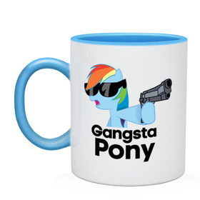 Кружка двухцветная с принтом Gangsta pony в Екатеринбурге, керамика | объем — 330 мл, диаметр — 80 мм. Цветная ручка и кайма сверху, в некоторых цветах — вся внутренняя часть | gangsta pony | my little pony | pony | брони | ганста пони | оружие | очки | пистолет | пони