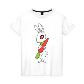 Женская футболка хлопок с принтом Зайка с морковкой в Екатеринбурге, 100% хлопок | прямой крой, круглый вырез горловины, длина до линии бедер, слегка спущенное плечо | животны | зайка с морковкой | займа | заяц | милый | морковка