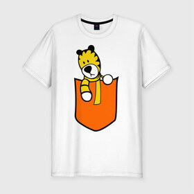 Мужская футболка премиум с принтом Тигра в кармане в Екатеринбурге, 92% хлопок, 8% лайкра | приталенный силуэт, круглый вырез ворота, длина до линии бедра, короткий рукав | животные | карман | полоски | тигр | тигра в кармане | шарф
