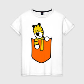 Женская футболка хлопок с принтом Тигра в кармане в Екатеринбурге, 100% хлопок | прямой крой, круглый вырез горловины, длина до линии бедер, слегка спущенное плечо | животные | карман | полоски | тигр | тигра в кармане | шарф