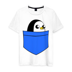 Мужская футболка хлопок с принтом Пингвин в кармане в Екатеринбурге, 100% хлопок | прямой крой, круглый вырез горловины, длина до линии бедер, слегка спущенное плечо. | пингвин