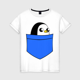 Женская футболка хлопок с принтом Пингвин в кармане в Екатеринбурге, 100% хлопок | прямой крой, круглый вырез горловины, длина до линии бедер, слегка спущенное плечо | пингвин