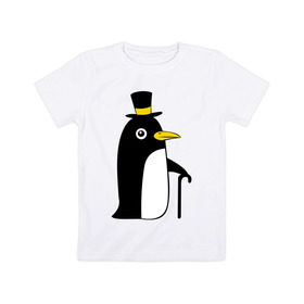 Детская футболка хлопок с принтом Пингвин в шляпе в Екатеринбурге, 100% хлопок | круглый вырез горловины, полуприлегающий силуэт, длина до линии бедер | животные | лед | пингвин в шляпе | трость.снег | шляпа