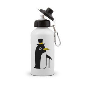 Бутылка спортивная с принтом Пингвин в шляпе в Екатеринбурге, металл | емкость — 500 мл, в комплекте две пластиковые крышки и карабин для крепления | животные | лед | пингвин в шляпе | трость.снег | шляпа